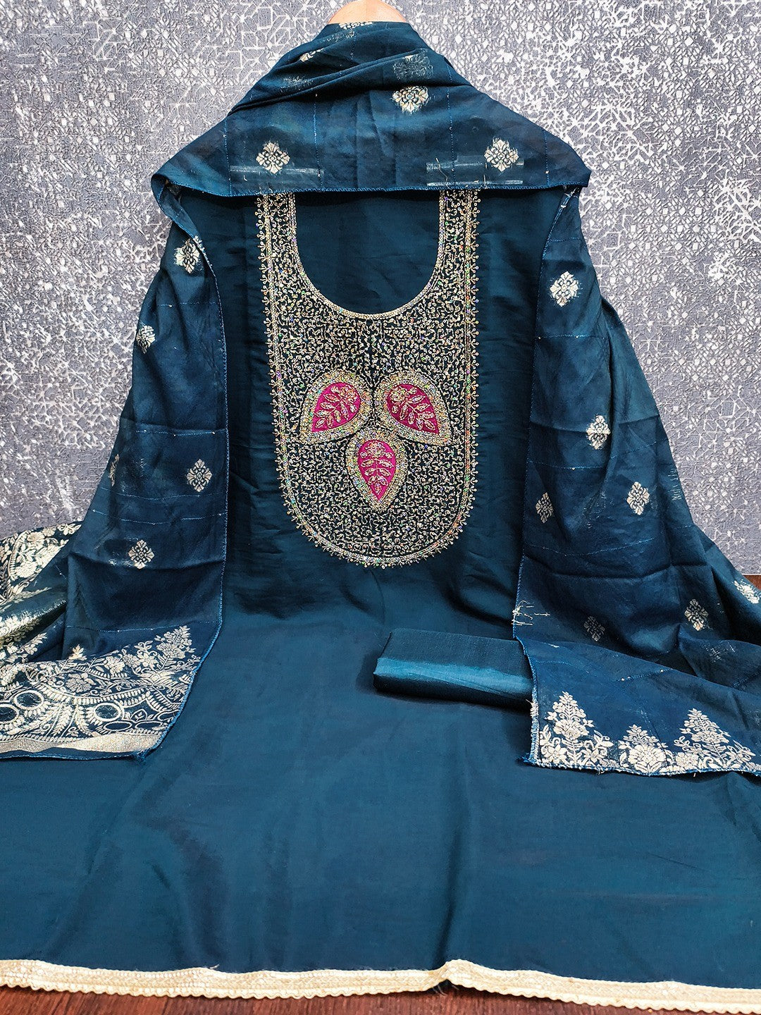 Designer Morpich Blue Art Silk Dress Material Enhanced With Beads & Sequins Embroidered Work - Image 3