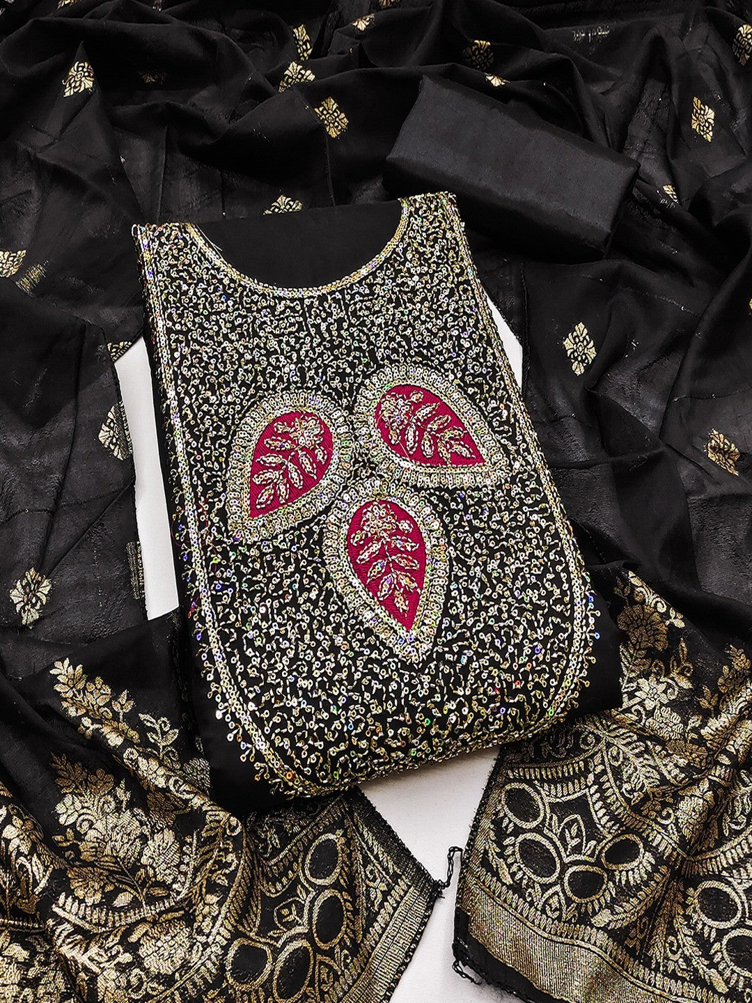 Designer Black Art Silk Dress Material Enhanced With Beads & Sequins Embroidered Work - Image 1