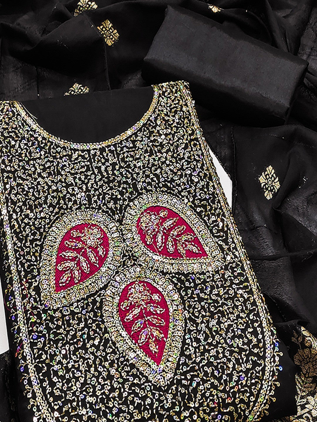 Designer Black Art Silk Dress Material Enhanced With Beads & Sequins Embroidered Work - Image 5