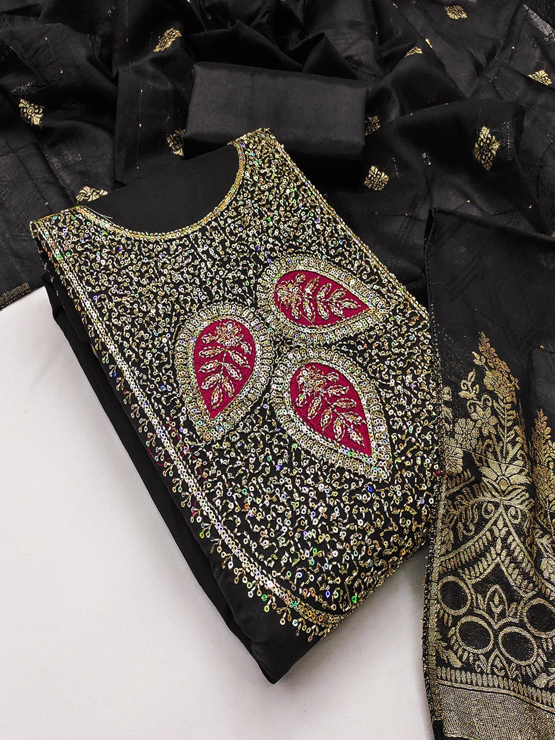 Designer Black Art Silk Dress Material Enhanced With Beads & Sequins Embroidered Work - Image 4