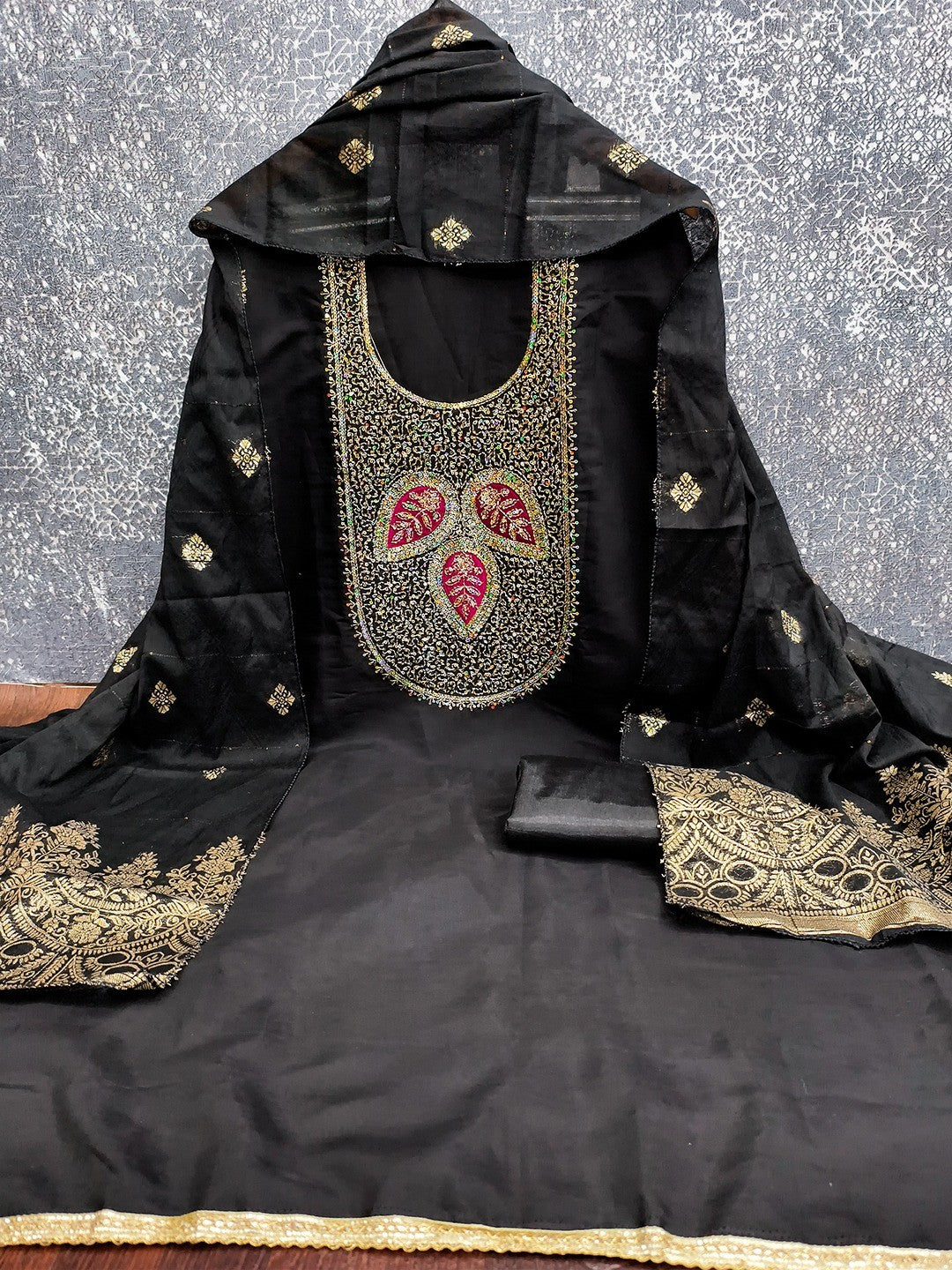 Designer Black Art Silk Dress Material Enhanced With Beads & Sequins Embroidered Work - Image 2