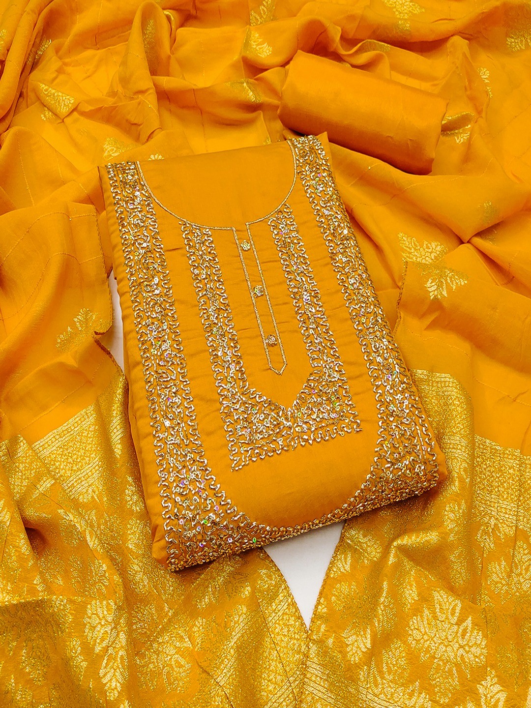 Stylish Mustard Art Silk Dress Material With Detailed Cording Beads & Sequins Embellished Work - Image 1