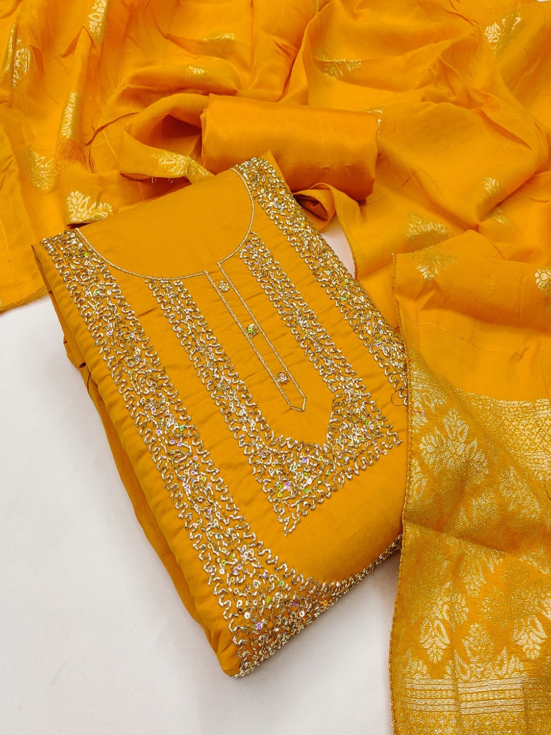 Stylish Mustard Art Silk Dress Material With Detailed Cording Beads & Sequins Embellished Work - Image 4