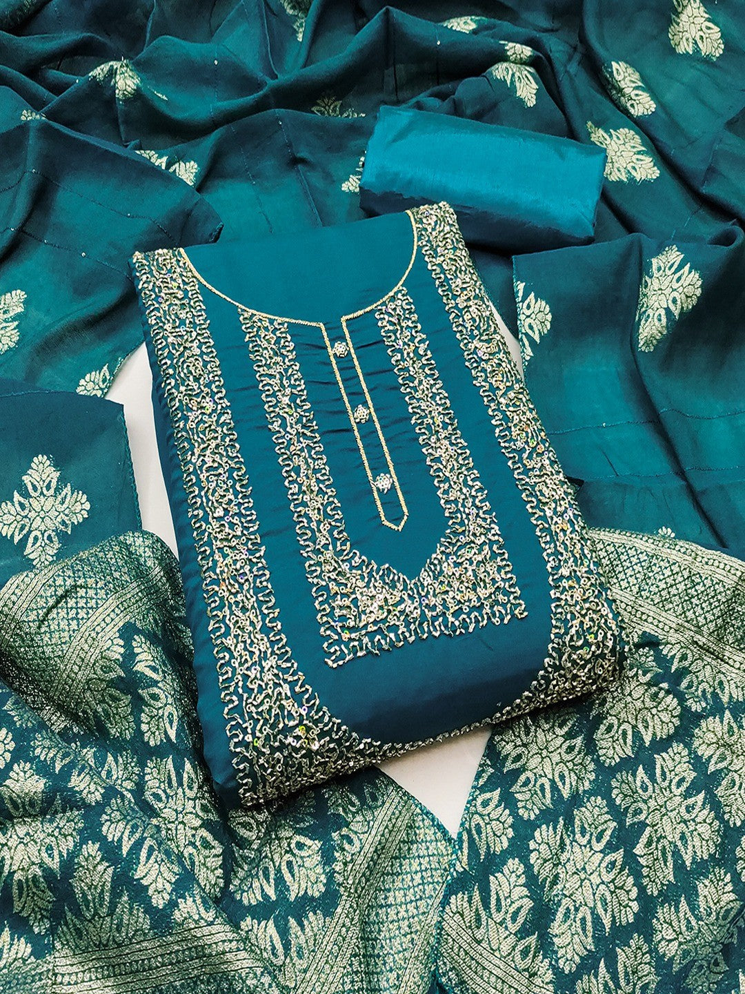 Stylish Morpich Blue Art Silk Dress Material With Detailed Cording Beads & Sequins Embellished Work - Image 1