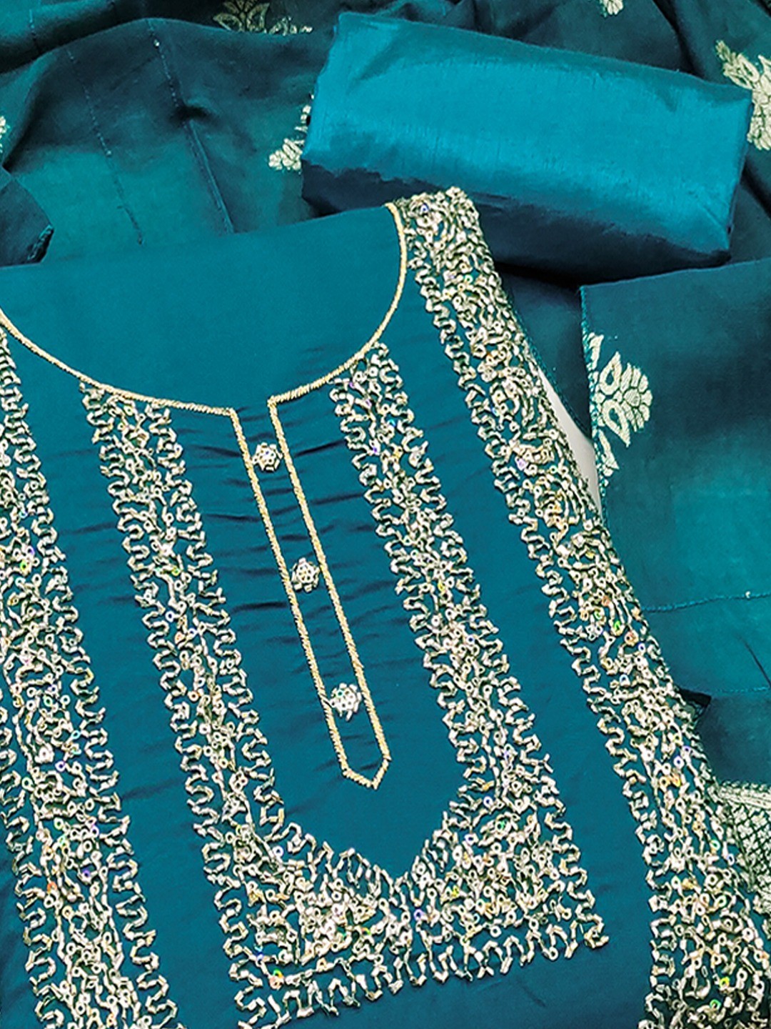 Stylish Morpich Blue Art Silk Dress Material With Detailed Cording Beads & Sequins Embellished Work - Image 5