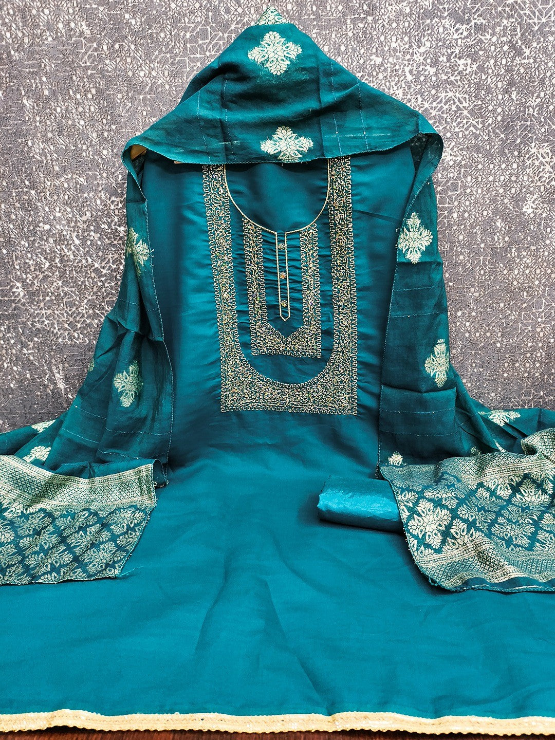 Stylish Morpich Blue Art Silk Dress Material With Detailed Cording Beads & Sequins Embellished Work - Image 2