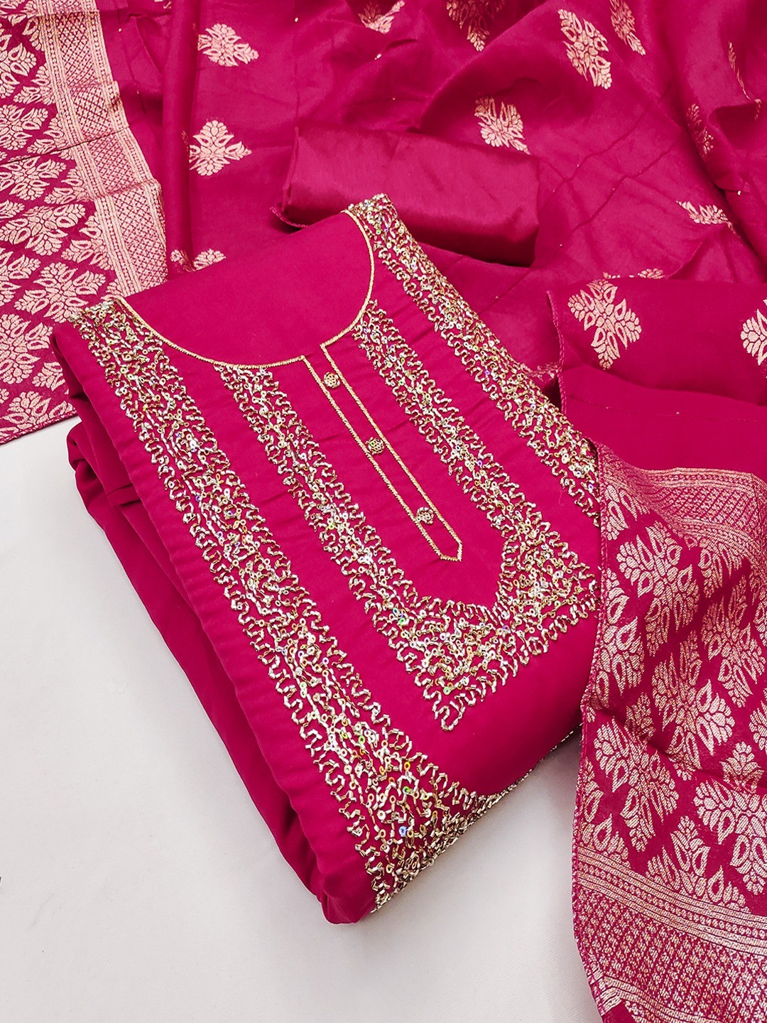 Stylish Pink Art Silk Dress Material With Detailed Cording Beads & Sequins Embellished Work - Image 4