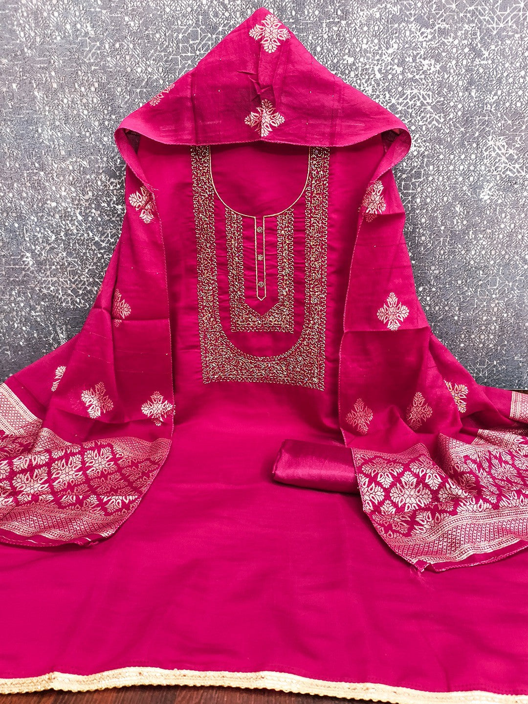 Stylish Pink Art Silk Dress Material With Detailed Cording Beads & Sequins Embellished Work - Image 3