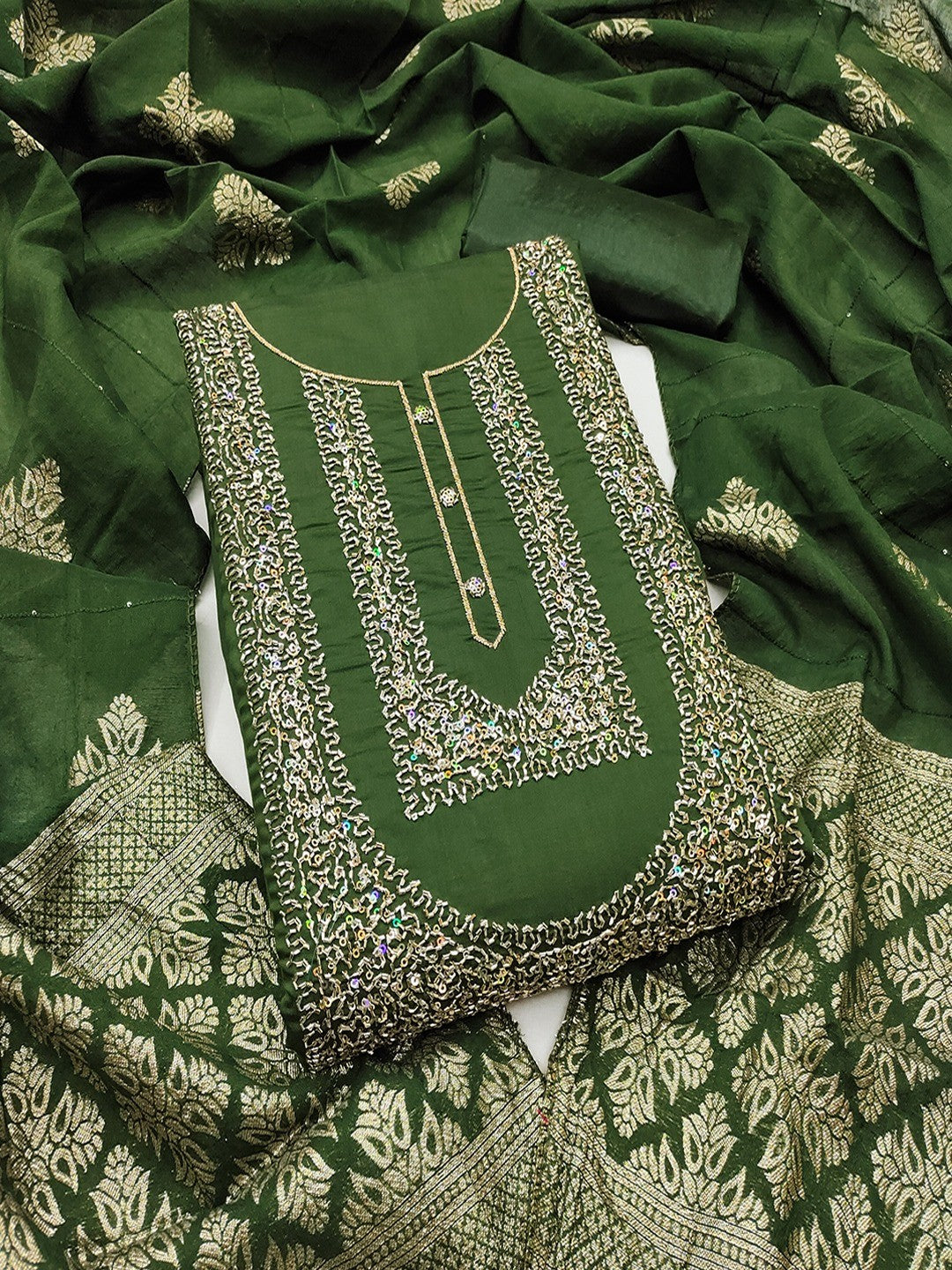 Stylish Green Art Silk Dress Material With Detailed Cording Beads & Sequins Embellished Work - Image 1