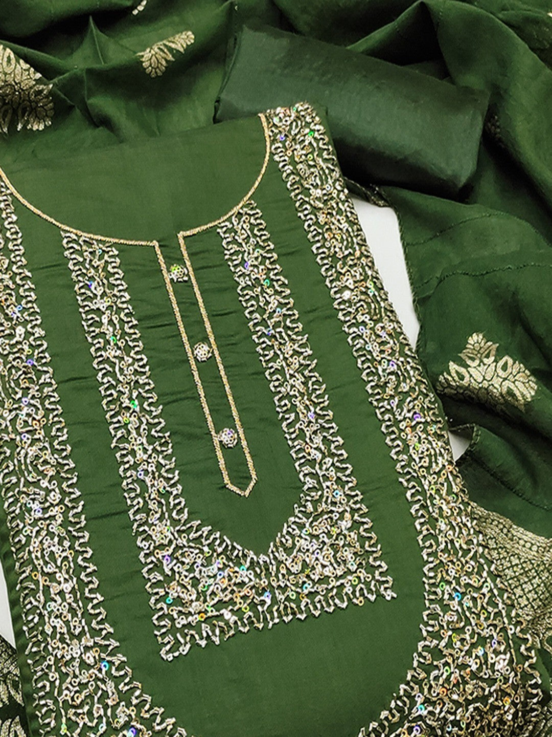Stylish Green Art Silk Dress Material With Detailed Cording Beads & Sequins Embellished Work - Image 2