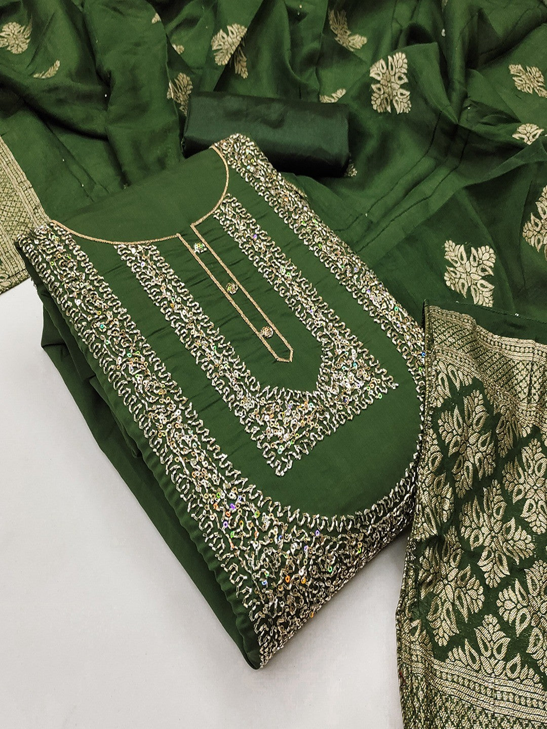 Stylish Green Art Silk Dress Material With Detailed Cording Beads & Sequins Embellished Work - Image 5