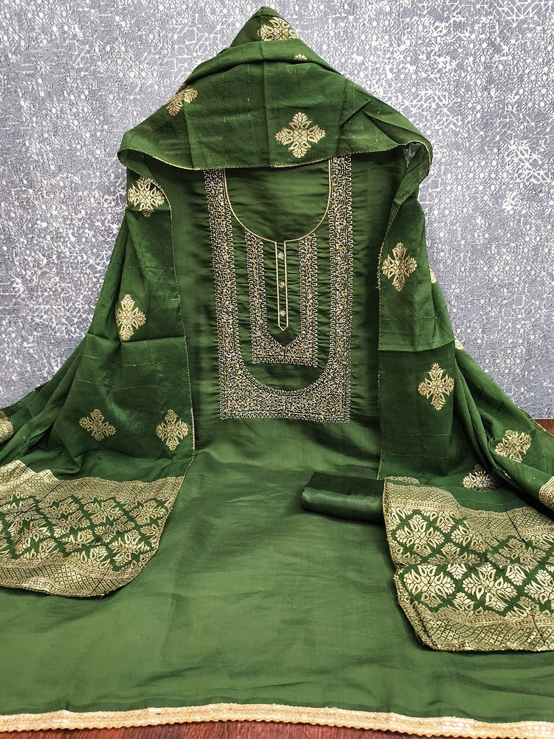 Stylish Green Art Silk Dress Material With Detailed Cording Beads & Sequins Embellished Work - Image 4