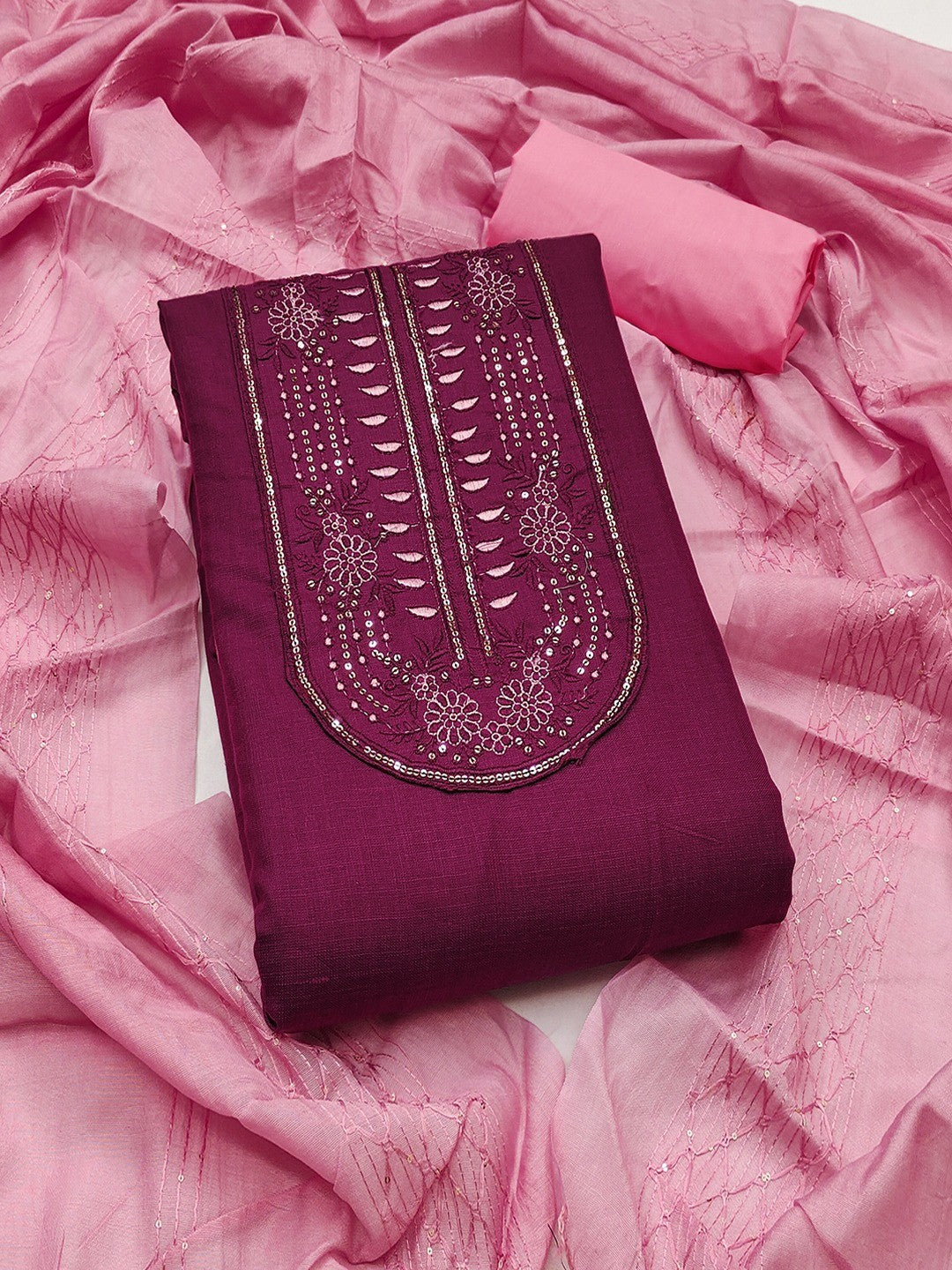 Refreshing Wine Floral Thread Embroidered Cotton Dress Material With Elegant Sequins Work - Image 1