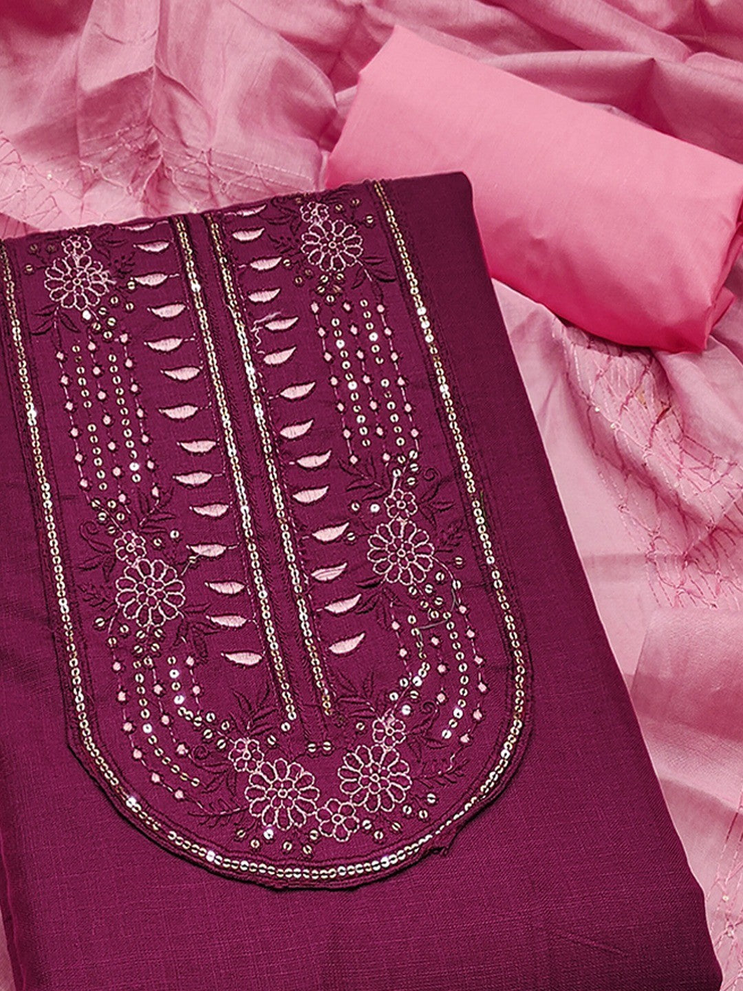 Refreshing Wine Floral Thread Embroidered Cotton Dress Material With Elegant Sequins Work - Image 5