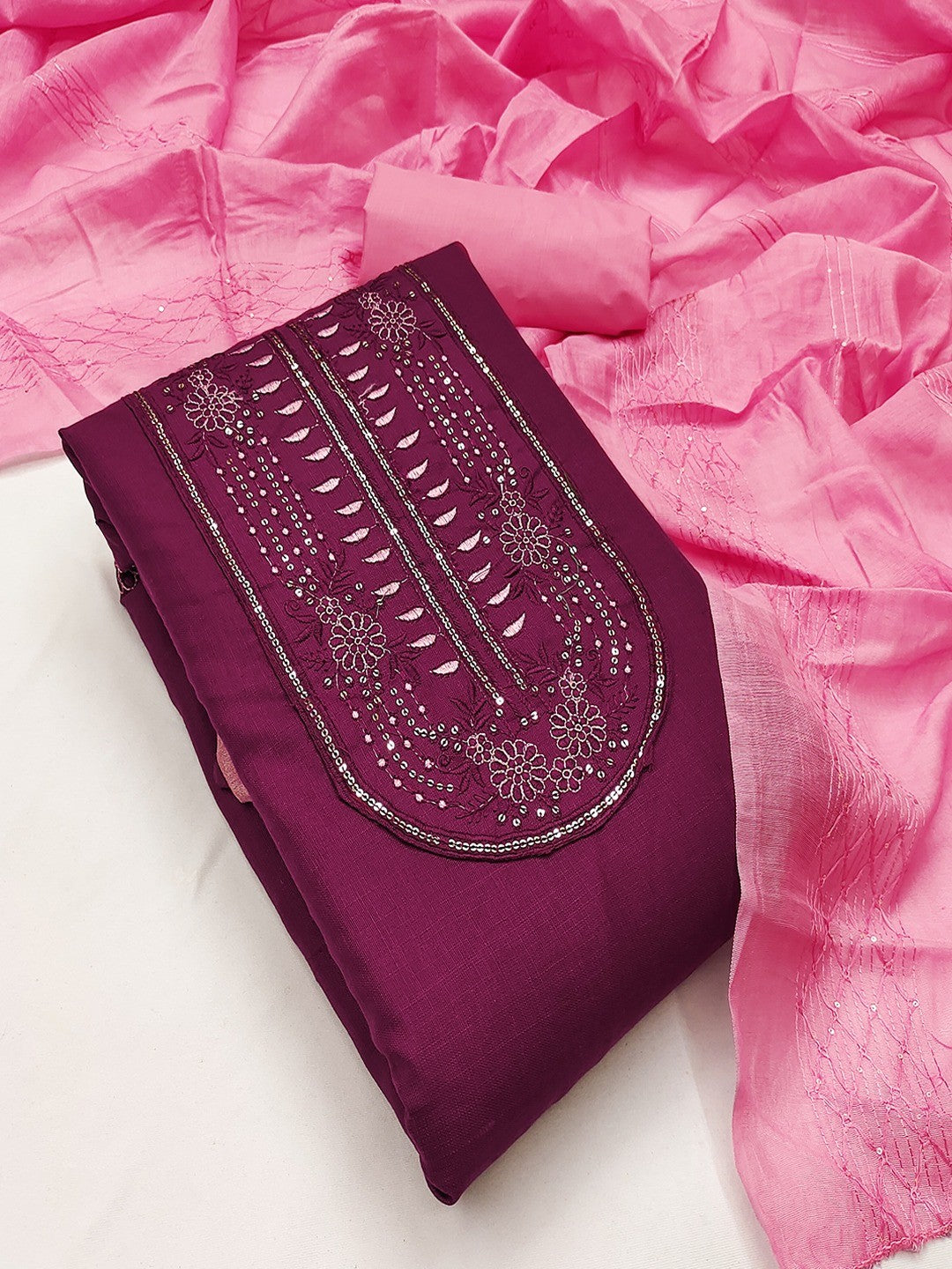 Refreshing Wine Floral Thread Embroidered Cotton Dress Material With Elegant Sequins Work - Image 4