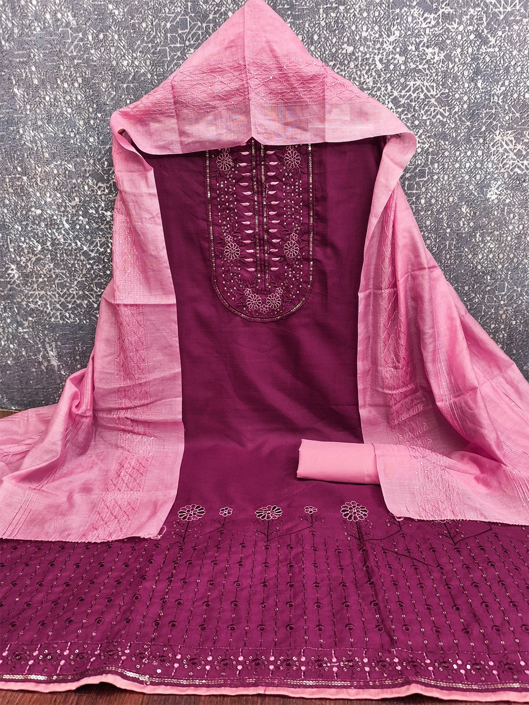 Refreshing Wine Floral Thread Embroidered Cotton Dress Material With Elegant Sequins Work - Image 2