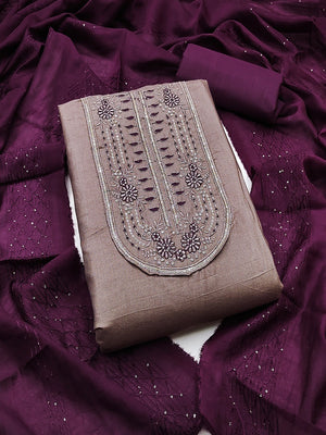Refreshing Mauve Floral Thread Embroidered Cotton Dress Material With Elegant Sequins Work - Image 1