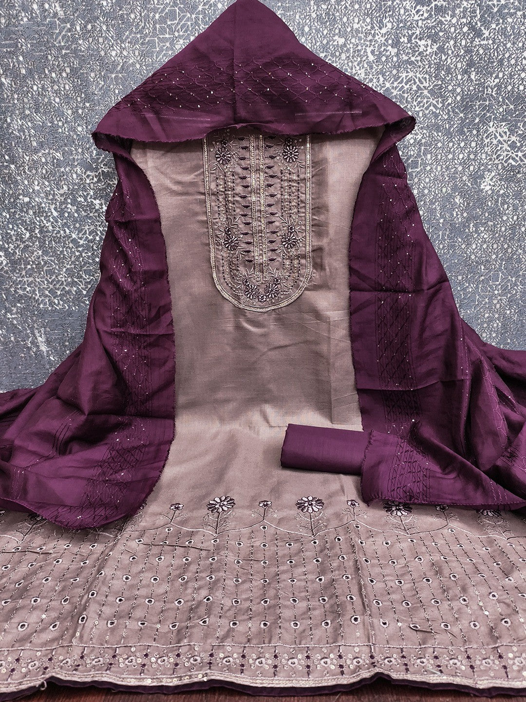Refreshing Mauve Floral Thread Embroidered Cotton Dress Material With Elegant Sequins Work - Image 3