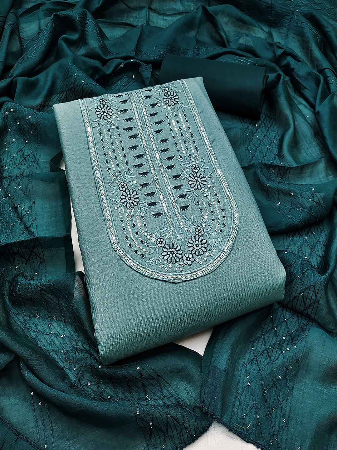 Refreshing Blue Floral Thread Embroidered Cotton Dress Material With Elegant Sequins Work - Image 1