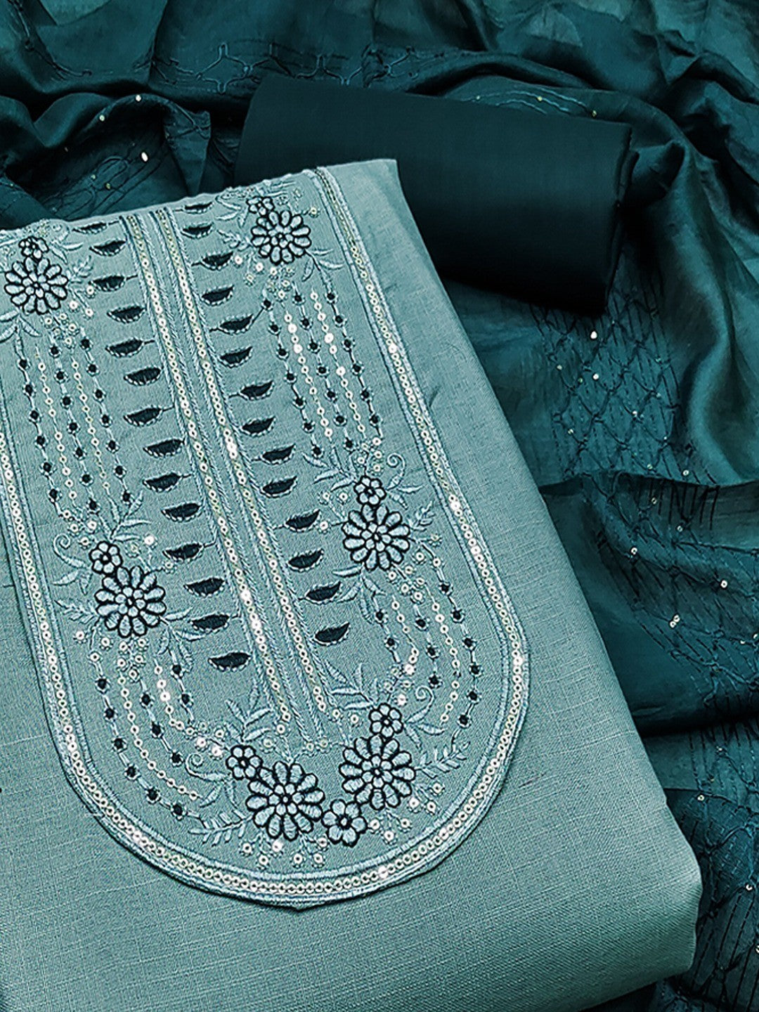 Refreshing Blue Floral Thread Embroidered Cotton Dress Material With Elegant Sequins Work - Image 2