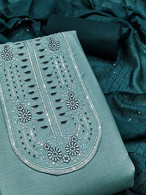Refreshing Blue Floral Thread Embroidered Cotton Dress Material With Elegant Sequins Work - Image 2