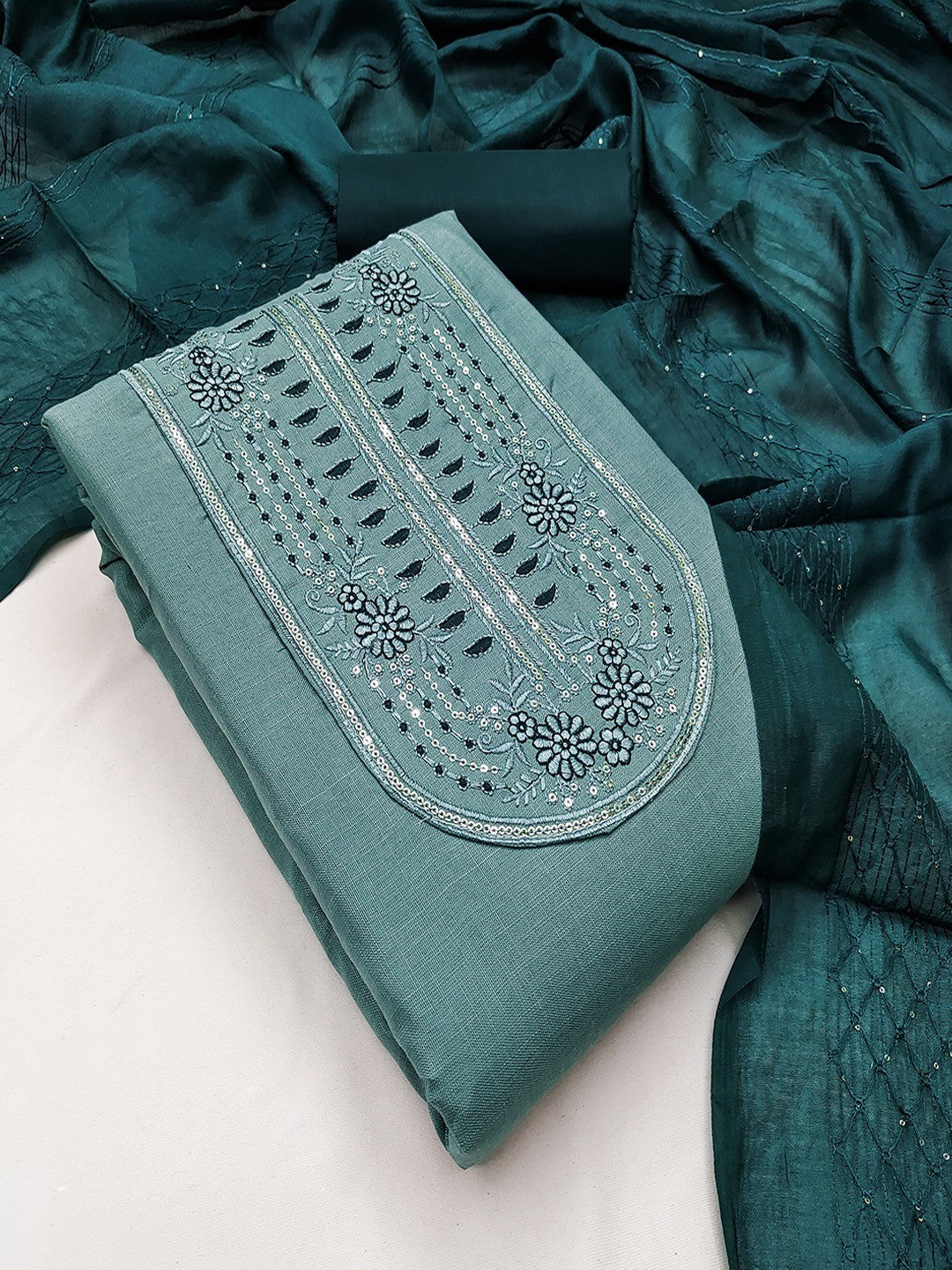Refreshing Blue Floral Thread Embroidered Cotton Dress Material With Elegant Sequins Work - Image 5