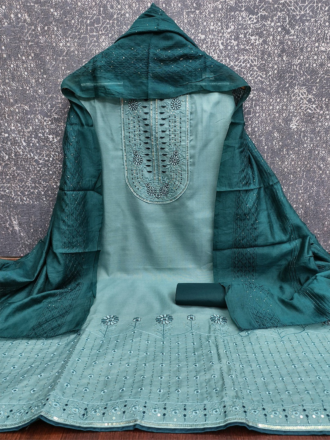 Refreshing Blue Floral Thread Embroidered Cotton Dress Material With Elegant Sequins Work - Image 3