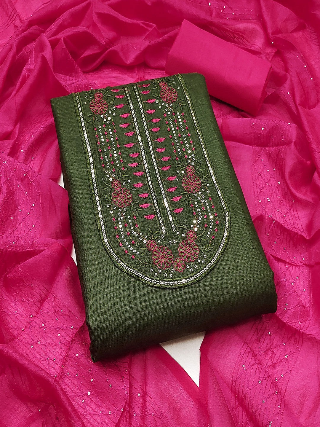Refreshing Green Floral Thread Embroidered Cotton Dress Material With Elegant Sequins Work - Image 2