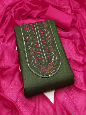 Refreshing Green Floral Thread Embroidered Cotton Dress Material With Elegant Sequins Work - Image 2
