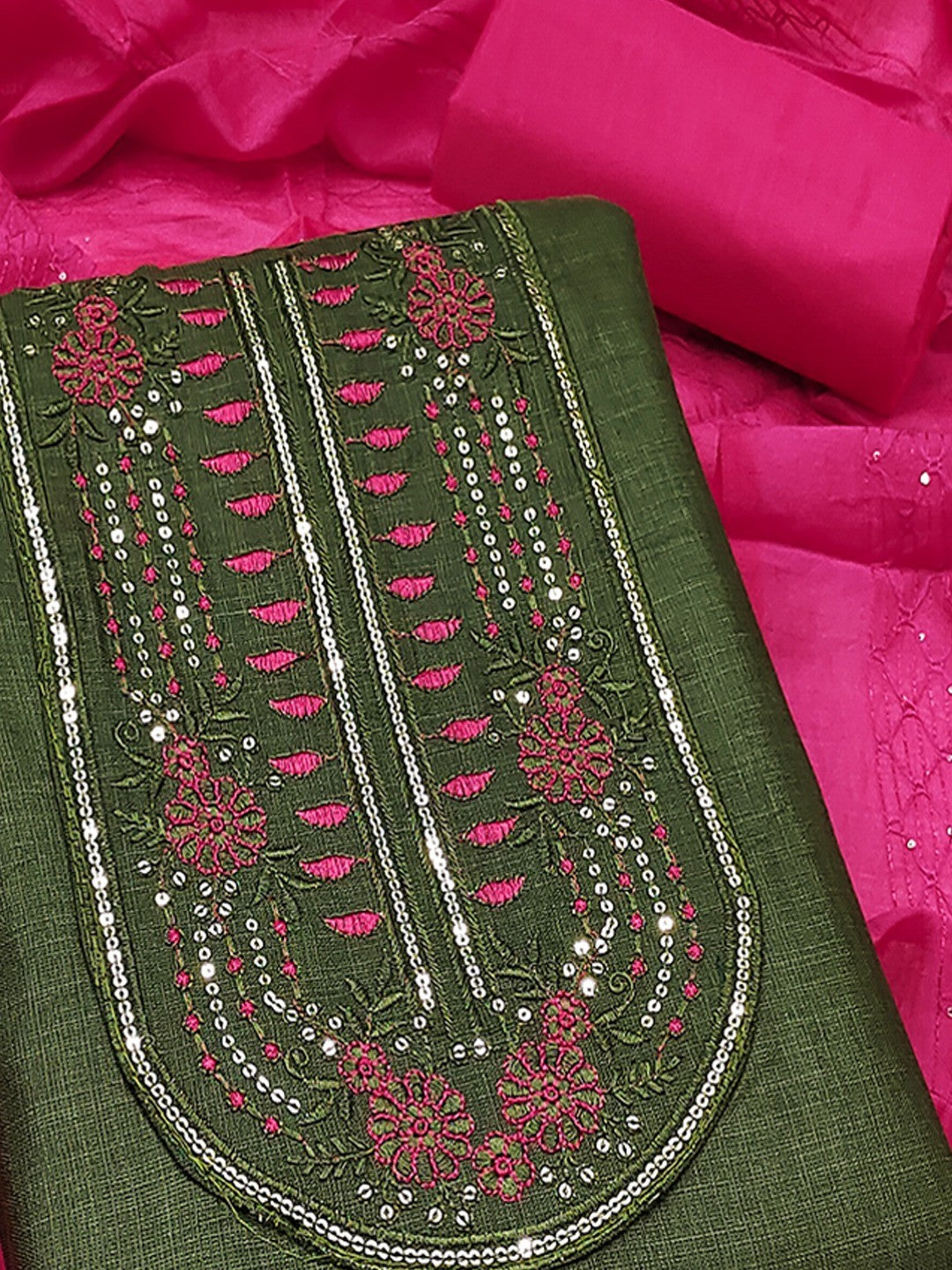 Refreshing Green Floral Thread Embroidered Cotton Dress Material With Elegant Sequins Work - Image 5