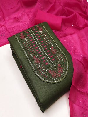 Refreshing Green Floral Thread Embroidered Cotton Dress Material With Elegant Sequins Work - Image 1
