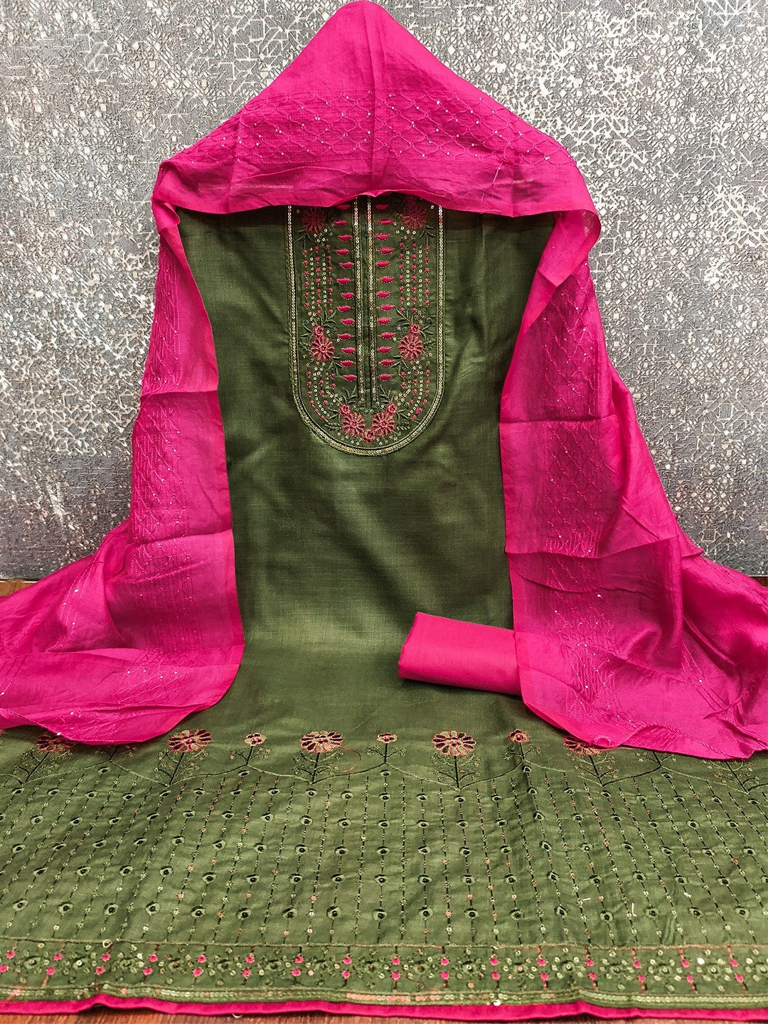 Refreshing Green Floral Thread Embroidered Cotton Dress Material With Elegant Sequins Work - Image 3