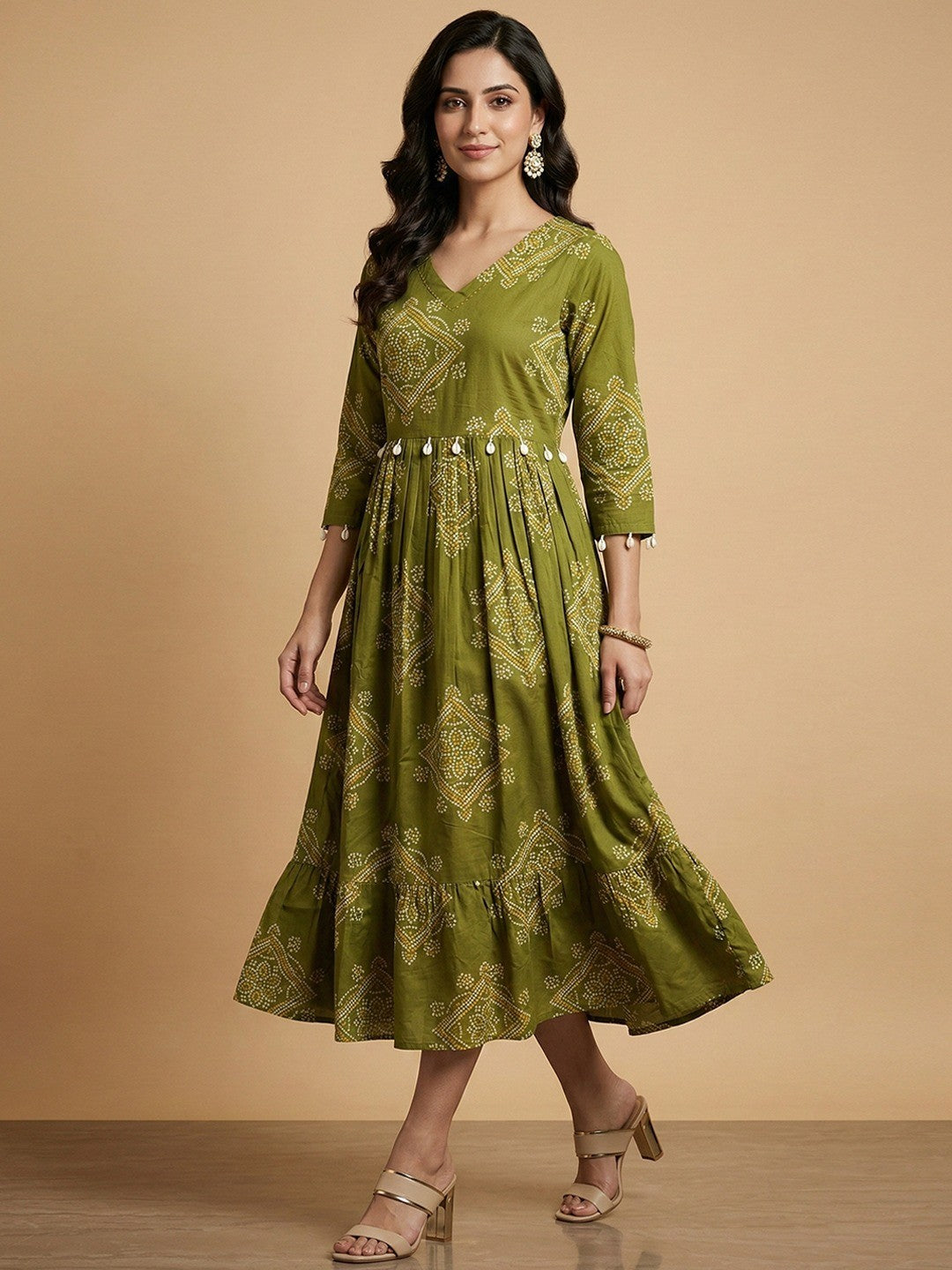 Green Bandhani Printed Pure Cotton Dress with Cowrie Shell Detail - Image 1