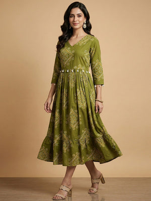 Green Bandhani Printed Pure Cotton Dress with Cowrie Shell Detail - Image 1