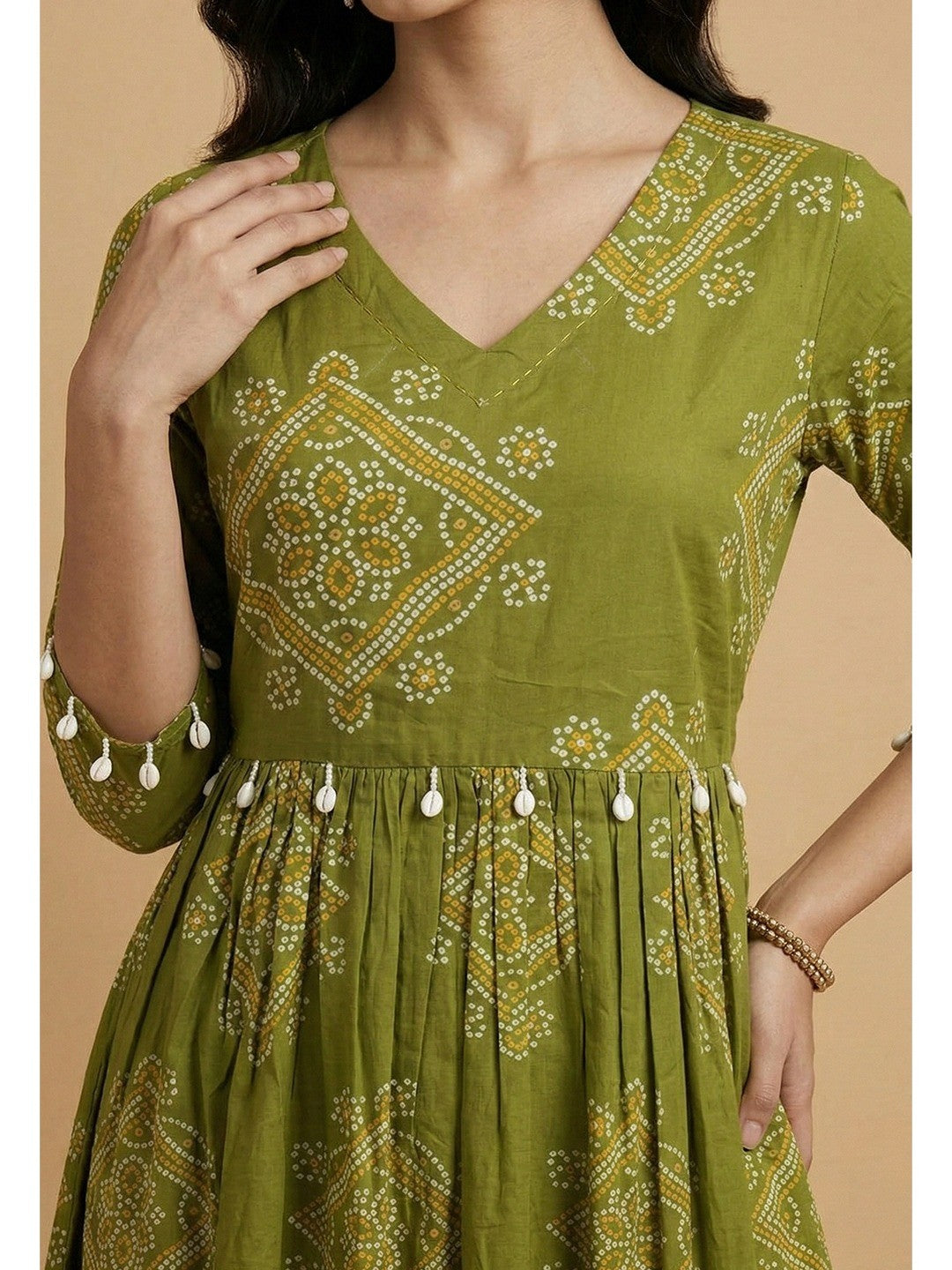 Green Bandhani Printed Pure Cotton Dress with Cowrie Shell Detail - Image 4