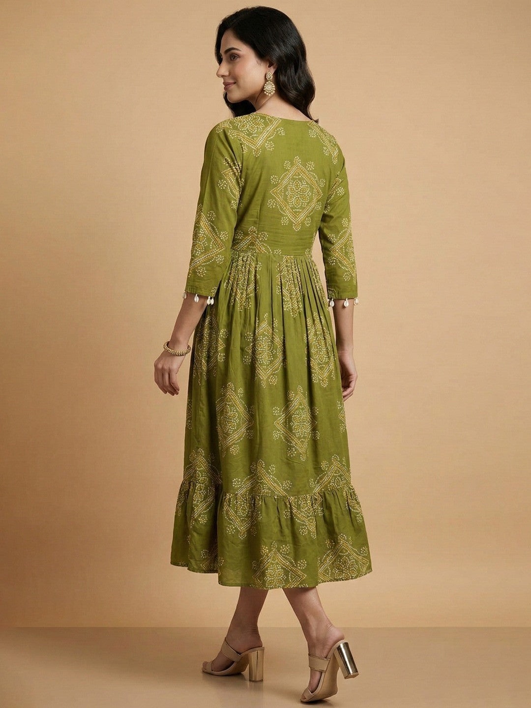 Green Bandhani Printed Pure Cotton Dress with Cowrie Shell Detail - Image 2