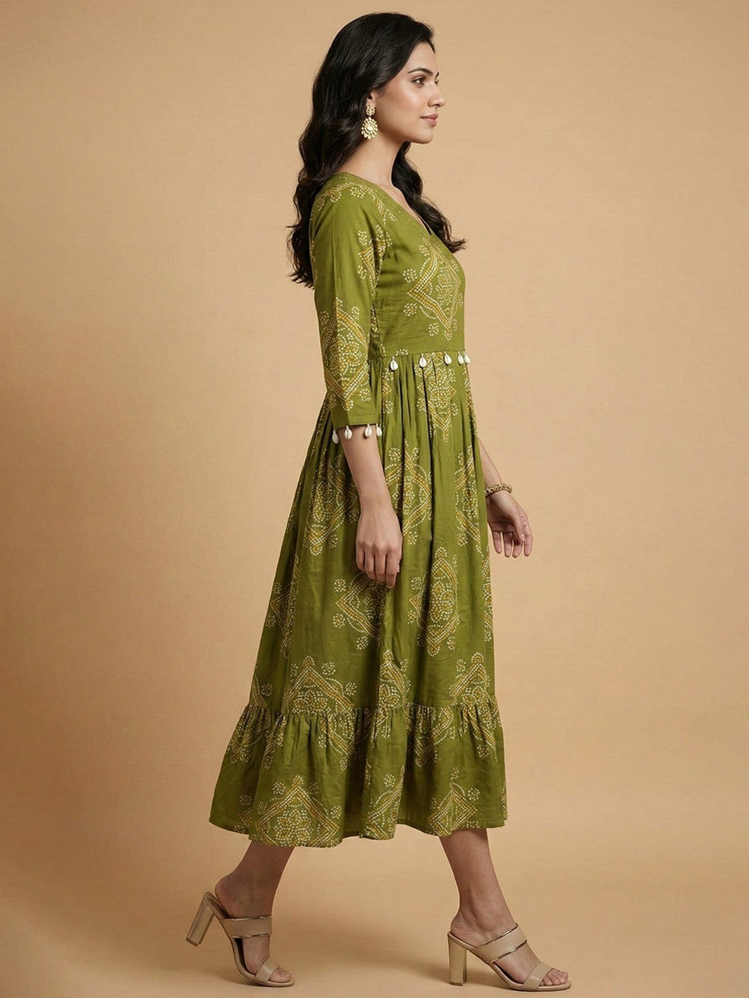 Green Bandhani Printed Pure Cotton Dress with Cowrie Shell Detail - Image 3