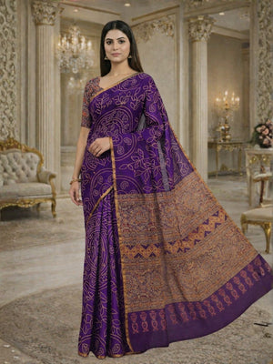 Elegant Purple Chanderi Cotton Saree with Bandhani Print - Image 1