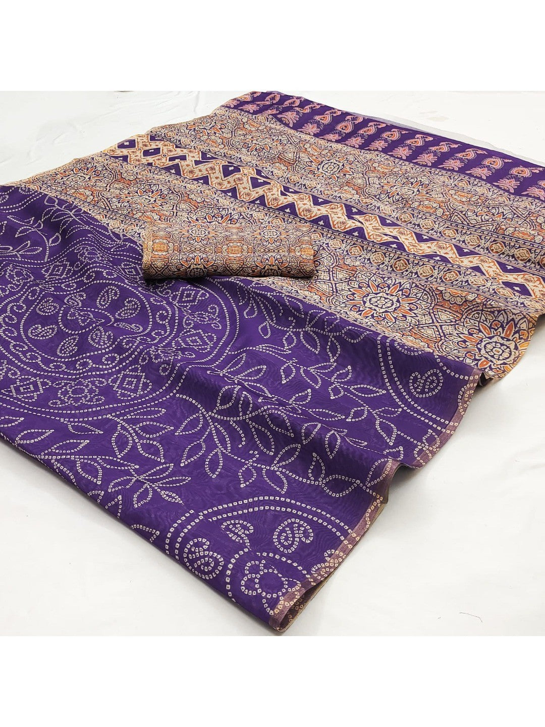 Elegant Purple Chanderi Cotton Saree with Bandhani Print - Image 2