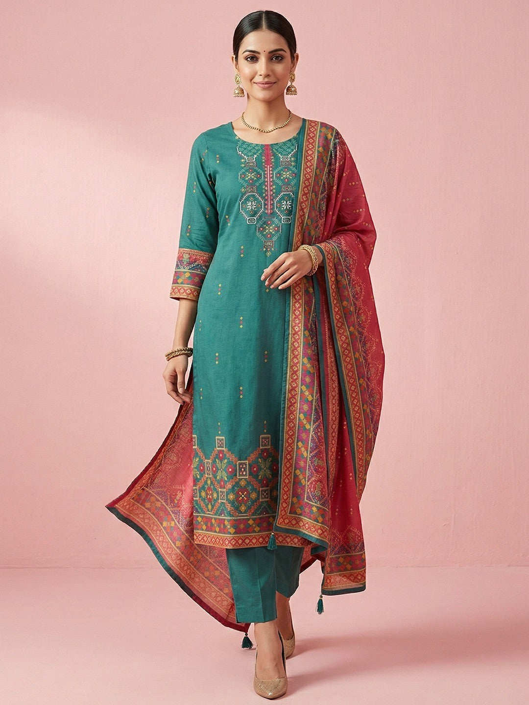 Rama Green Festive Embroidered Cotton Salwar Suit with Contrast Dupatta - Image 1