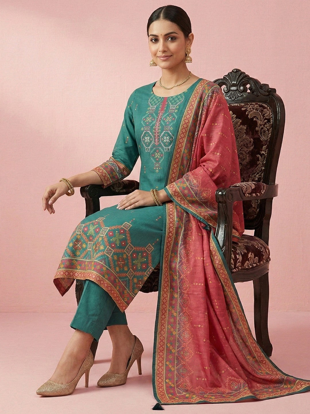 Rama Green Festive Embroidered Cotton Salwar Suit with Contrast Dupatta - Image 3
