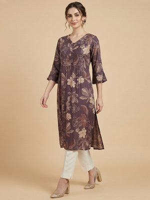 Elegant Purple Floral Printed with Yoke Embroidered Viscose A-Line Kurti - Image 1