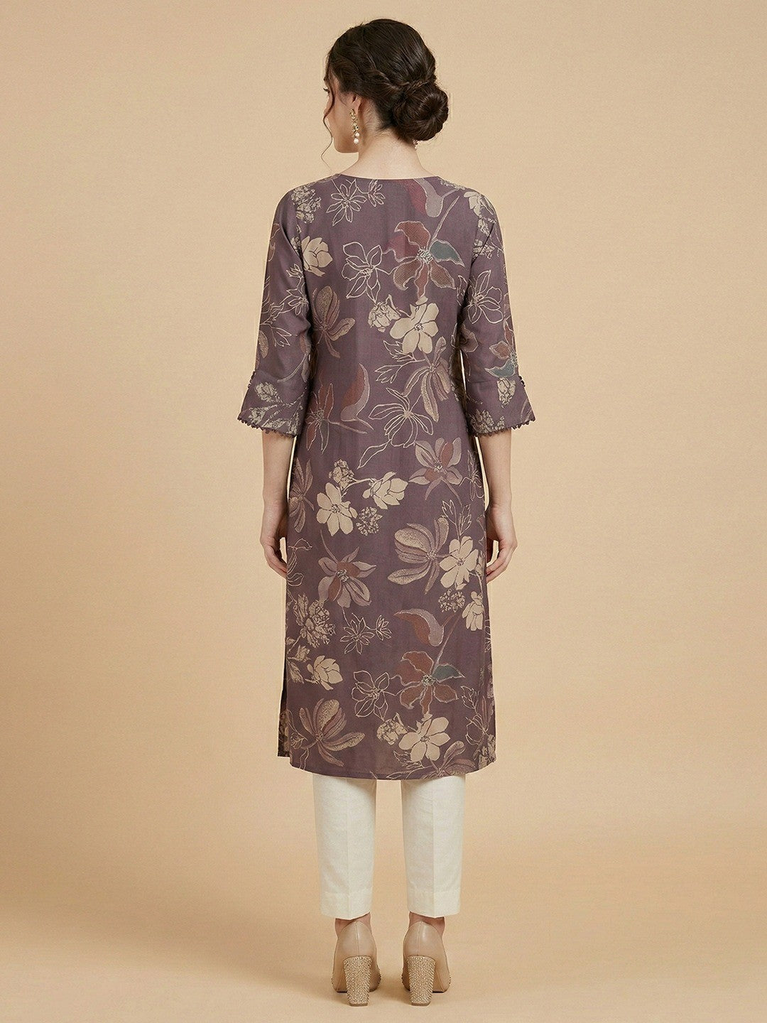 Elegant Purple Floral Printed with Yoke Embroidered Viscose A-Line Kurti - Image 4