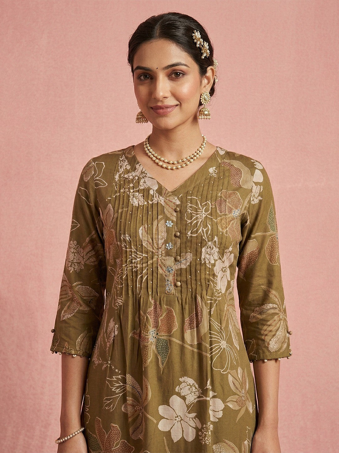 Elegant Olive Green Floral Printed with Yoke Embroidered Viscose A-Line Kurti - Image 4