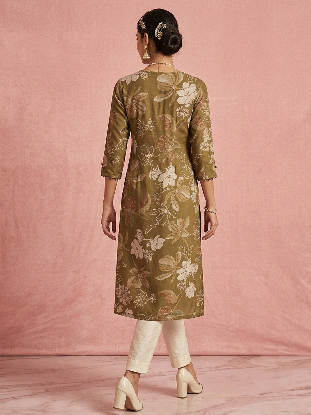 Elegant Olive Green Floral Printed with Yoke Embroidered Viscose A-Line Kurti - Image 5