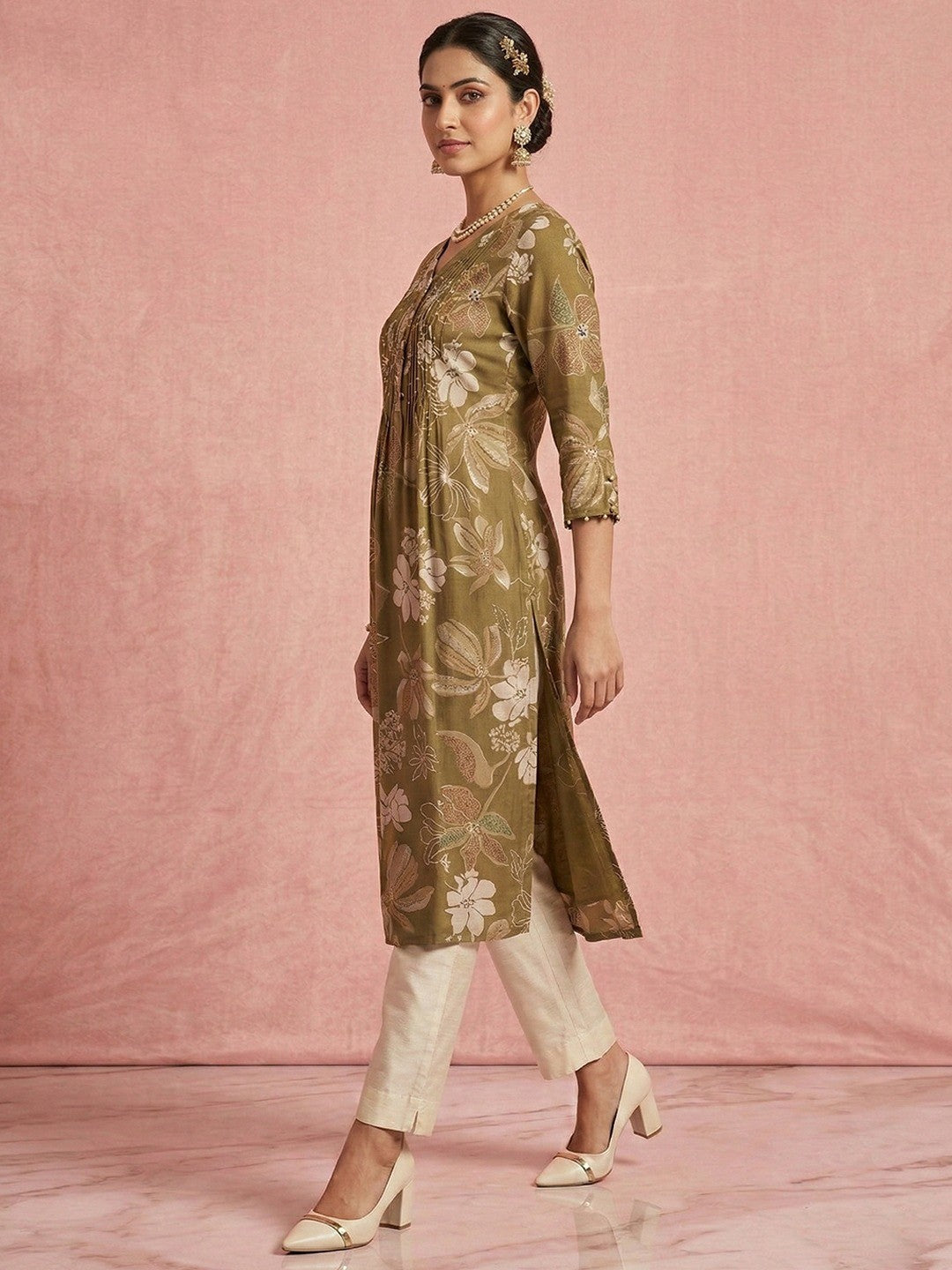 Elegant Olive Green Floral Printed with Yoke Embroidered Viscose A-Line Kurti - Image 3