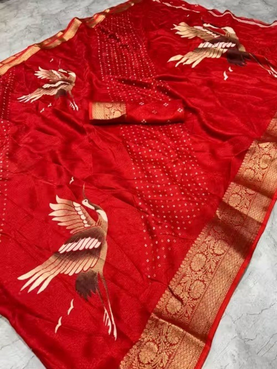 Elegant Red Dola Silk Saree with Crane Bird Print and Zari Border - Image 3
