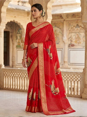 Elegant Red Dola Silk Saree with Crane Bird Print and Zari Border - Image 1