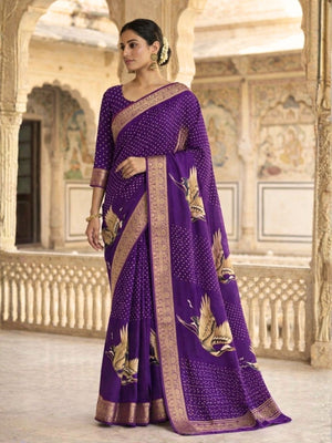 Elegant Purple Dola Silk Saree with Bird Motifs and Zari Border - Image 1