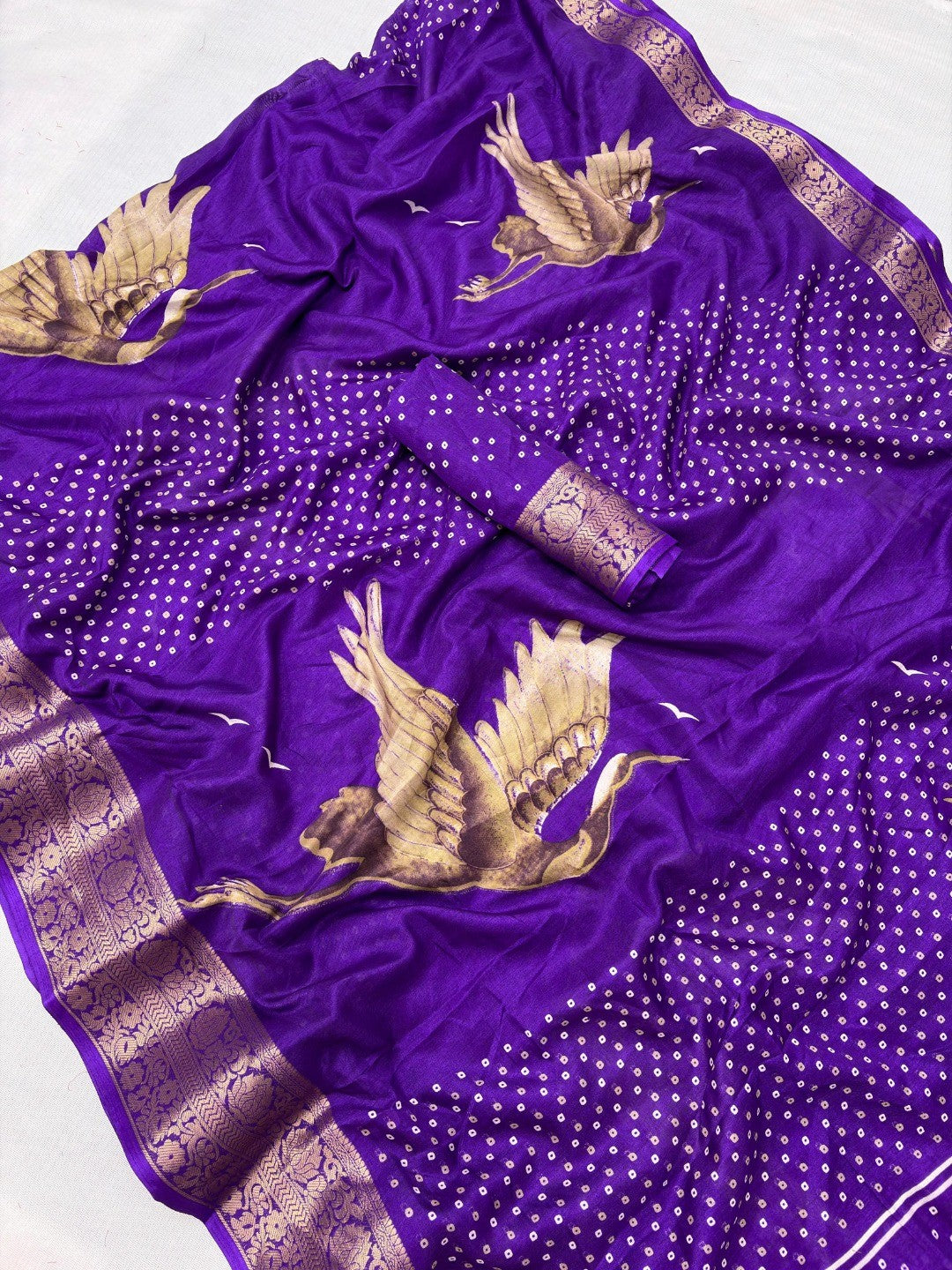 Elegant Purple Dola Silk Saree with Bird Motifs and Zari Border - Image 2